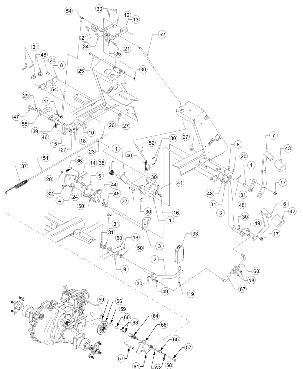 Brake And Control Pedals Diagram and Parts List for 2518-44 13A208L100-13B288L100 Cub Cadet Lawn Tractor